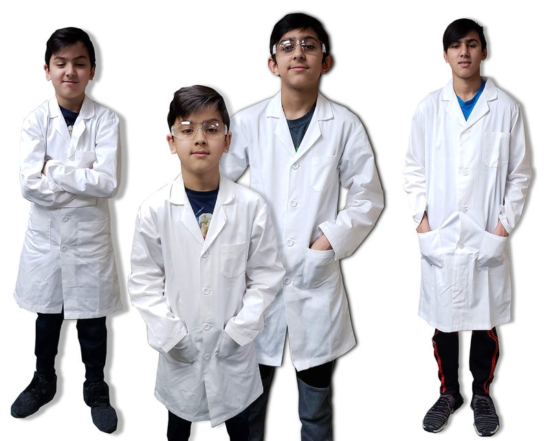 DR Uniforms Kids Lab Coat for Boys & Girls â€“ White Science Doctor Jacket, Long Sleeve School Lab Coat for STEM Learning Size 8/10